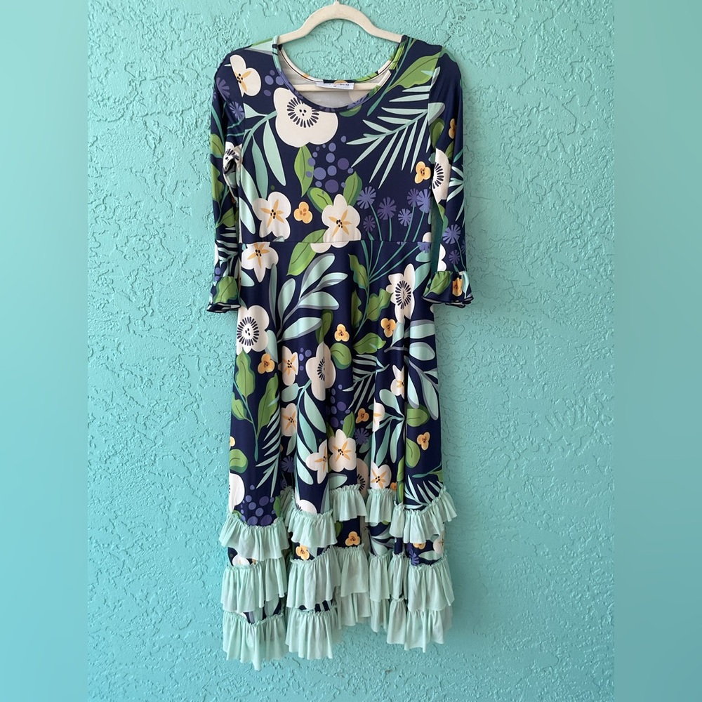 Oopsie Daisy Floral Ruffle kids Dress in Navy and Green size 12